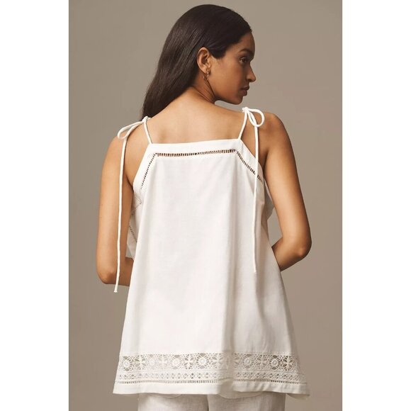By Anthropologie Tie-Strap Linen Hanky Cutwork Lace Tank M - Picture 3 of 4
